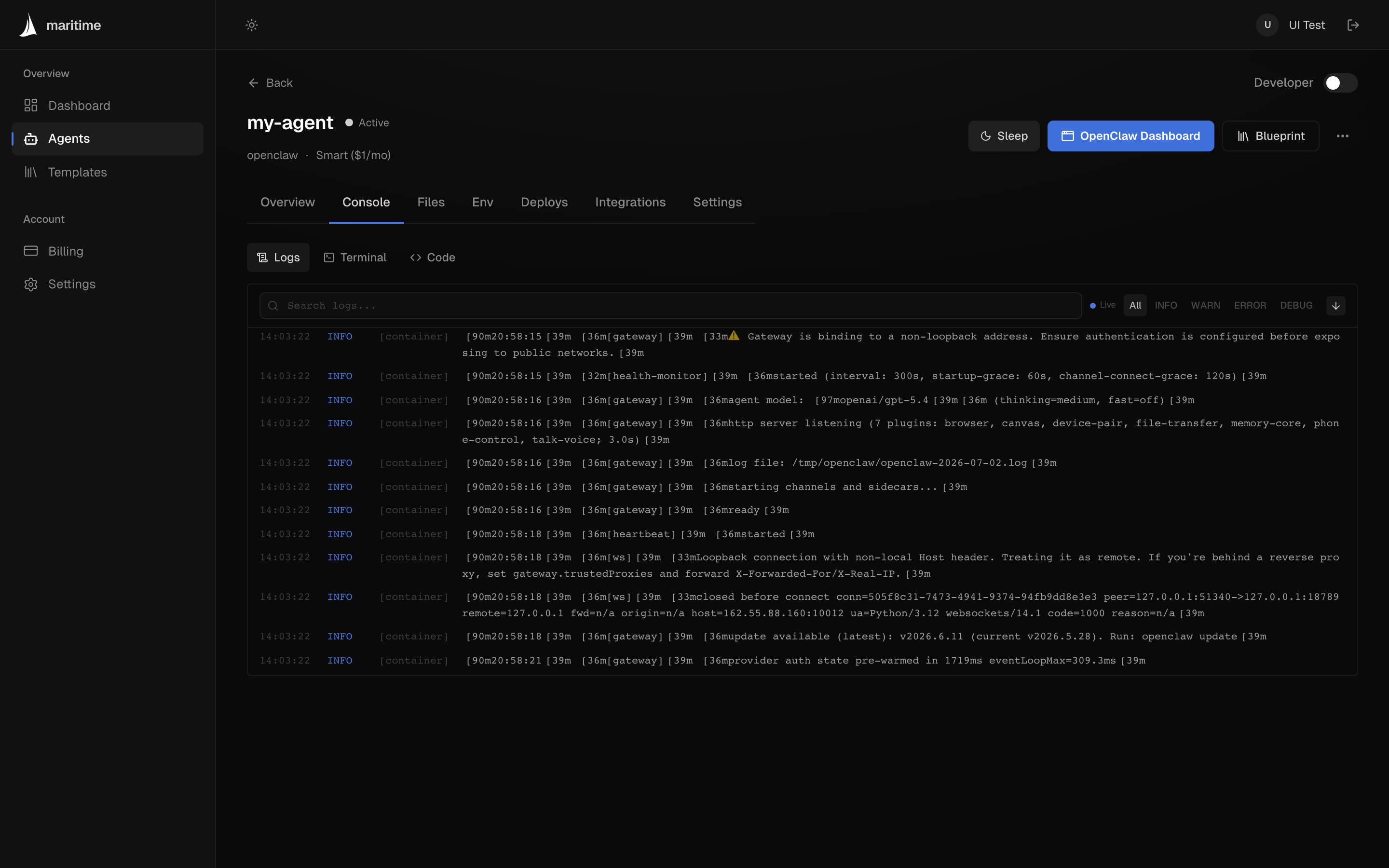 Live container logs streaming for an agent in the dashboard