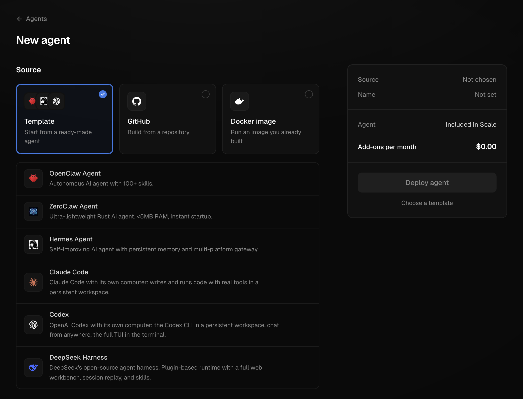 The New agent page in the Maritime dashboard with the Template tab open