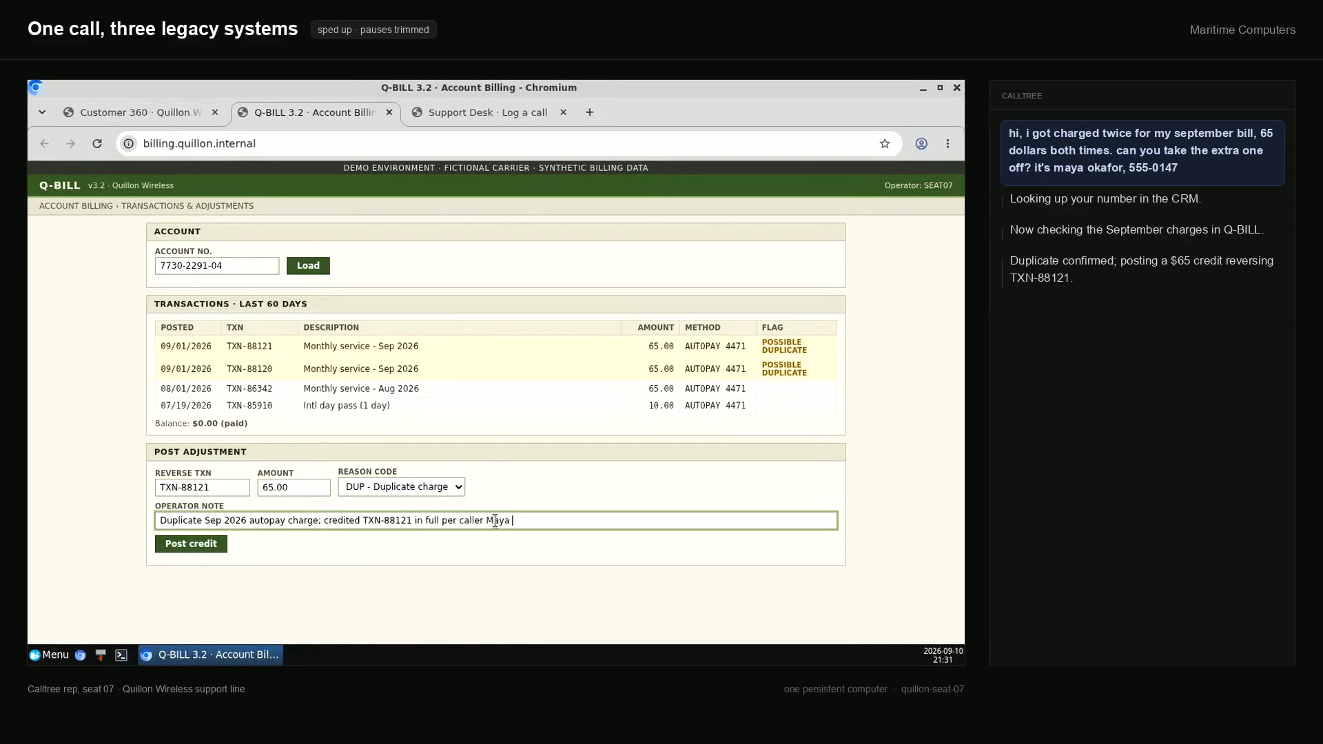 One call, three legacy systems: an agent working a CRM, a billing system, and a help desk on its own computer