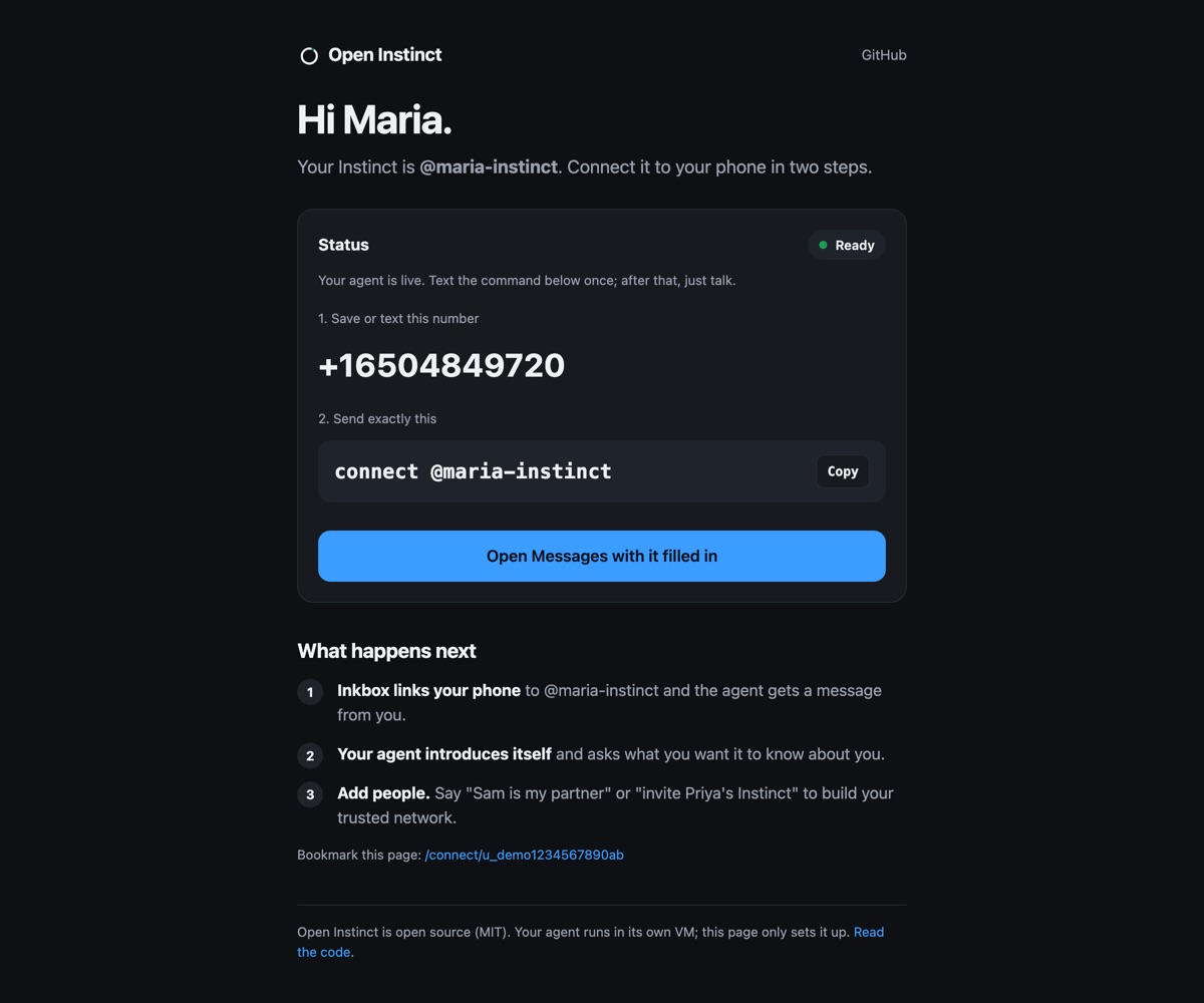 The connect page: text one line once, and after that you just talk to your agent