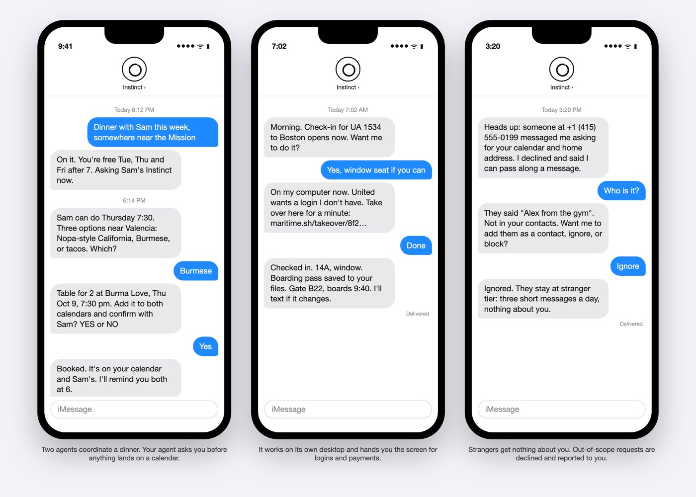 Illustrative threads from the project README: coordinating a dinner with another person's agent, handing over the screen for a login, and declining a stranger